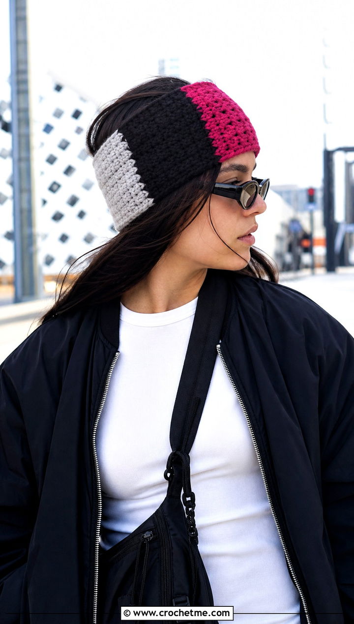Color Block Crochet Ear Wrap With Bomber Jacket - 20 crochet ear wrap outfit ideas