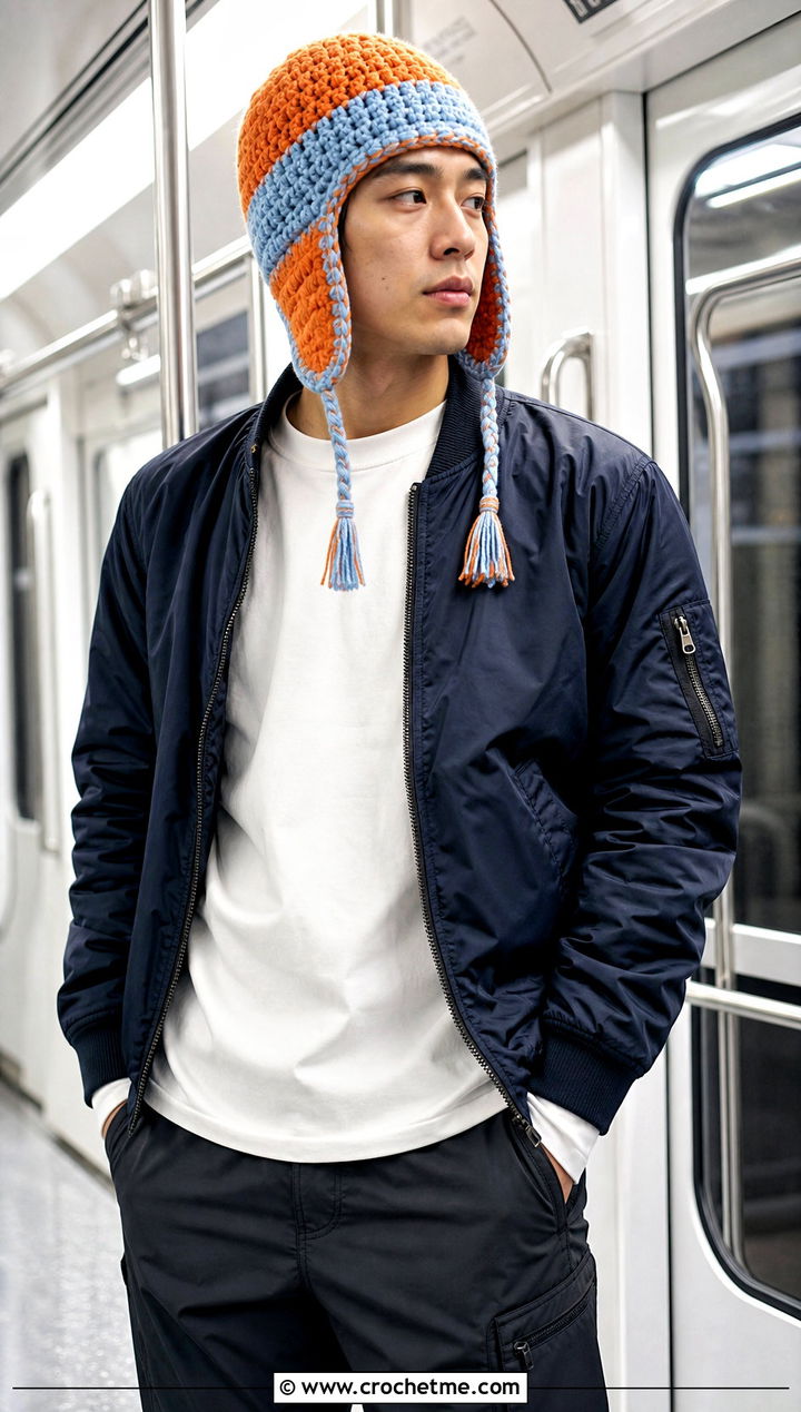 Color Block Crochet Earflap Hat With Bomber Jacket - 20 Mens Crochet Earflap Hat outfit ideas