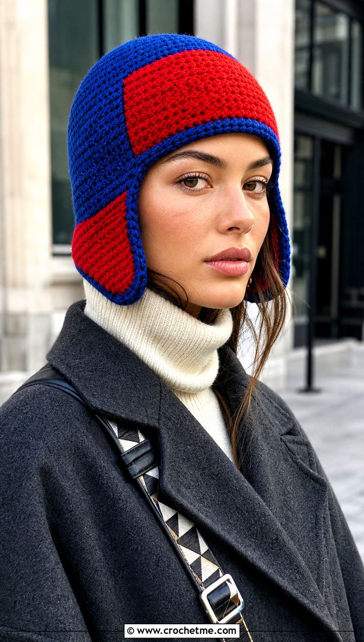 Color Block Crochet Earflap Helmet Hat With Long Coat - 15 Crochet Hat With Earflaps outfit ideas