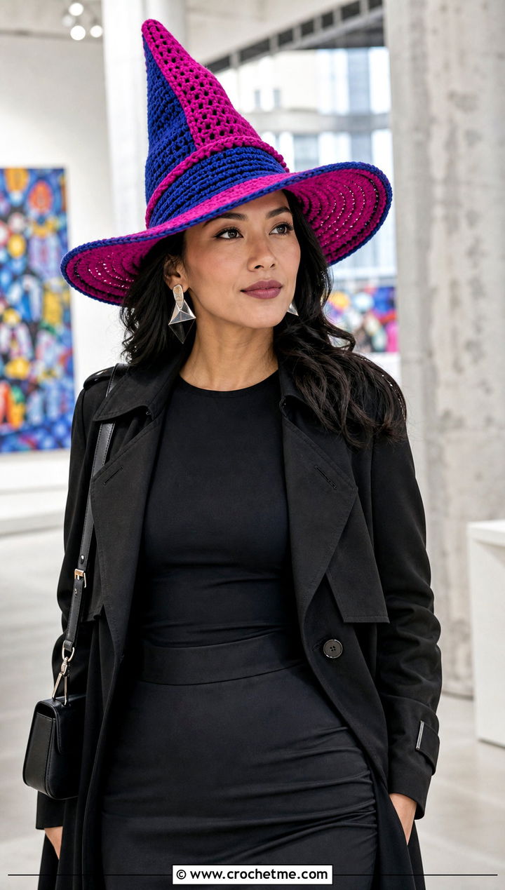 Color Block Crochet Elphaba Hat With Monochrome Outfit - 20 Crochet Elphaba Hat outfit ideas