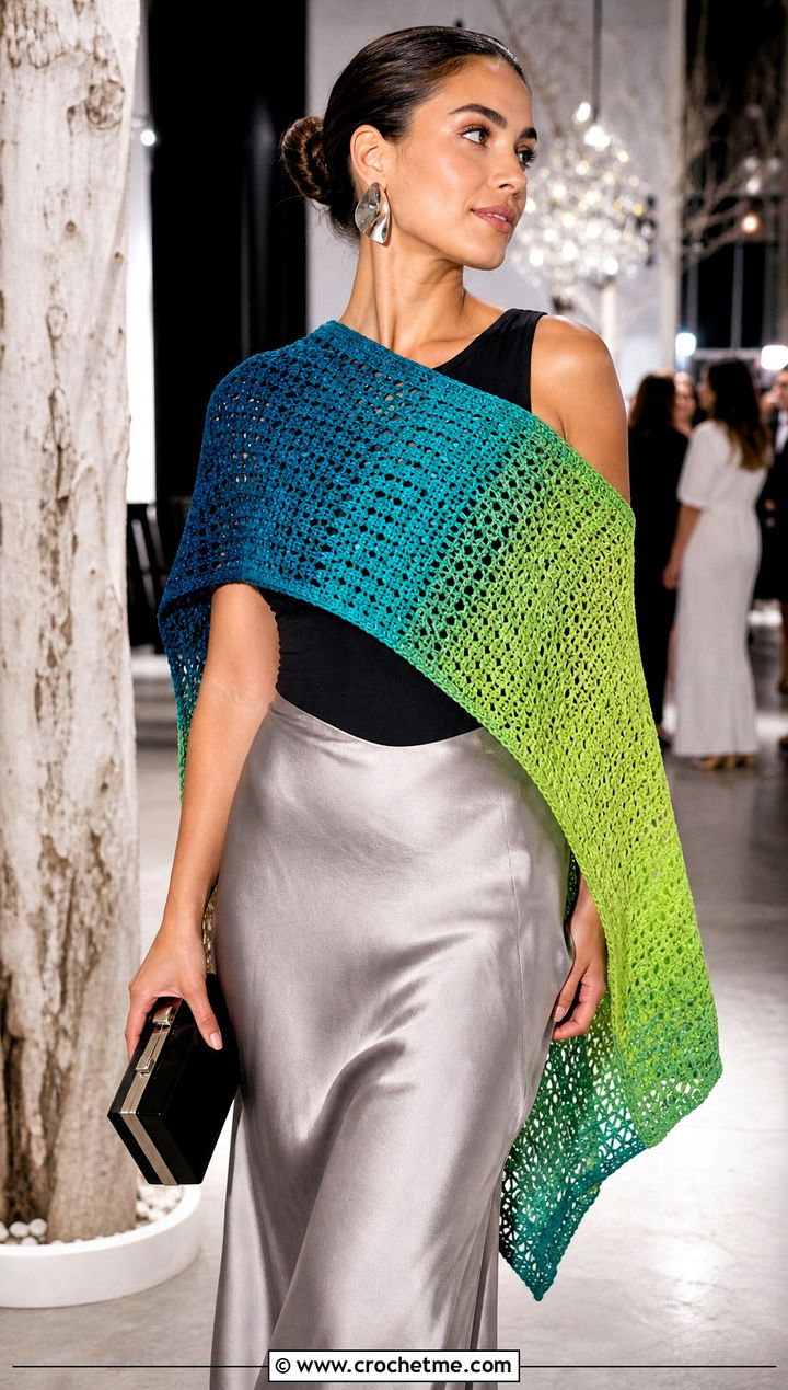 Color Block Crochet Fade Shawl With Satin Maxi Skirt - 15 Crochet Fade Shawl outfit ideas