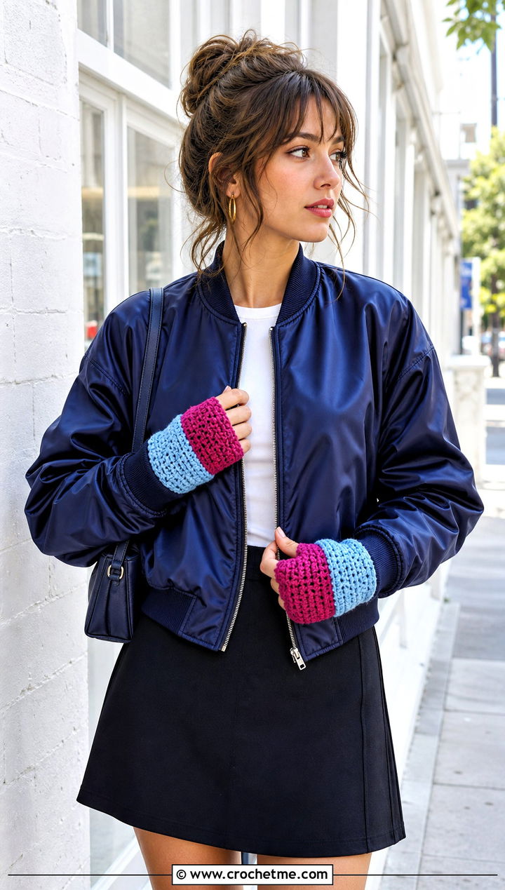 Color Block Crochet Fingerless Gloves With Bomber Jacket And Mini Skirt - 25 Simple Crochet Fingerless Gloves outfit ideas