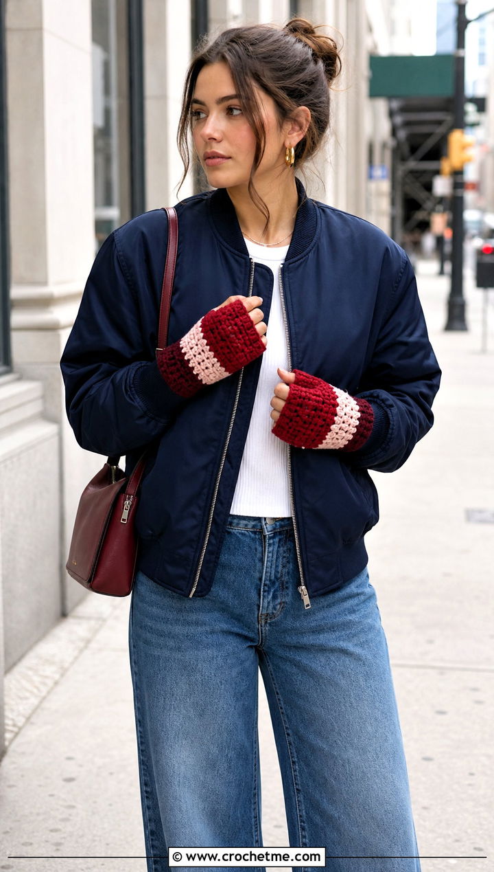 Color Block Crochet Fingerless Gloves With Bomber Jacket - 25 finger less crochet gloves outfit ideas