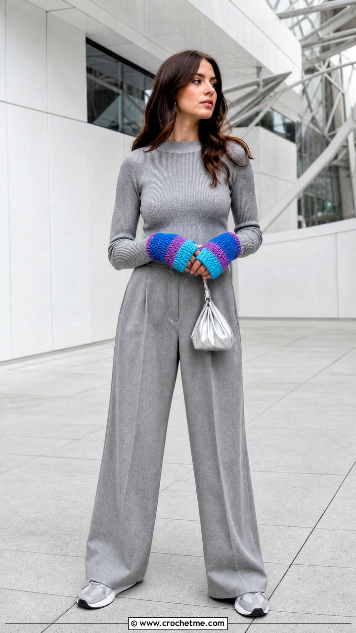 Color Block Crochet Fingerless Gloves With Monochrome Outfit - 35 easy crochet fingerless gloves outfit ideas