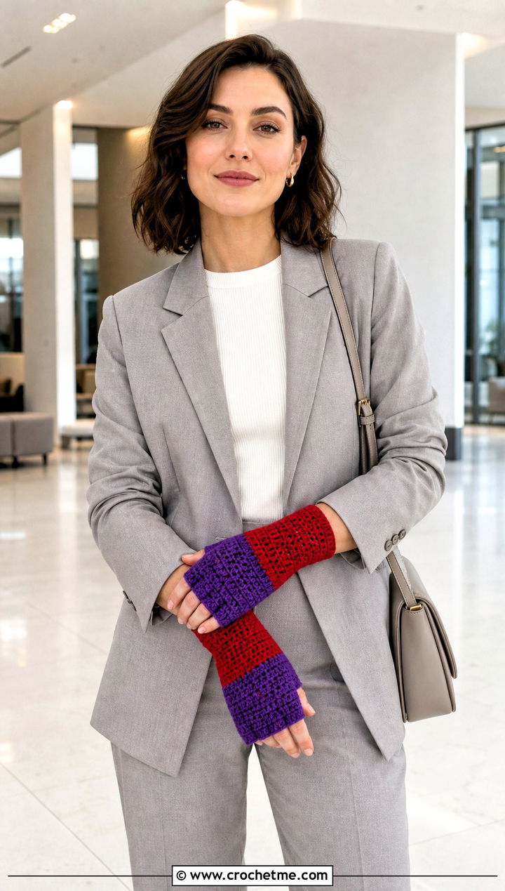 Color Block Crochet Fingerless Gloves With Monochrome Suit - 25 Crochet For Fingerless Gloves outfit ideas