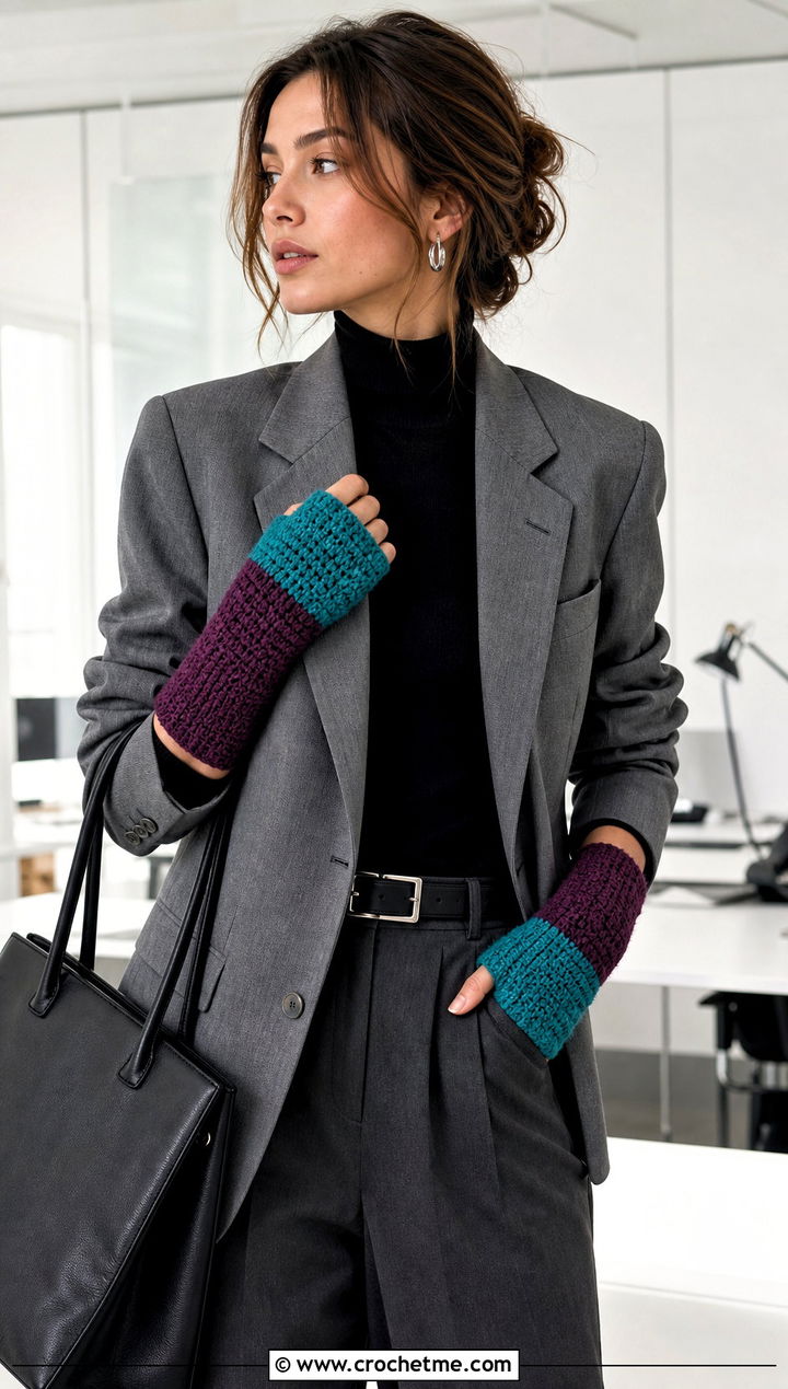 Color Block Crochet Fingerless Mittens With Blazer - 25 crochet fingerless mittens outfit ideas