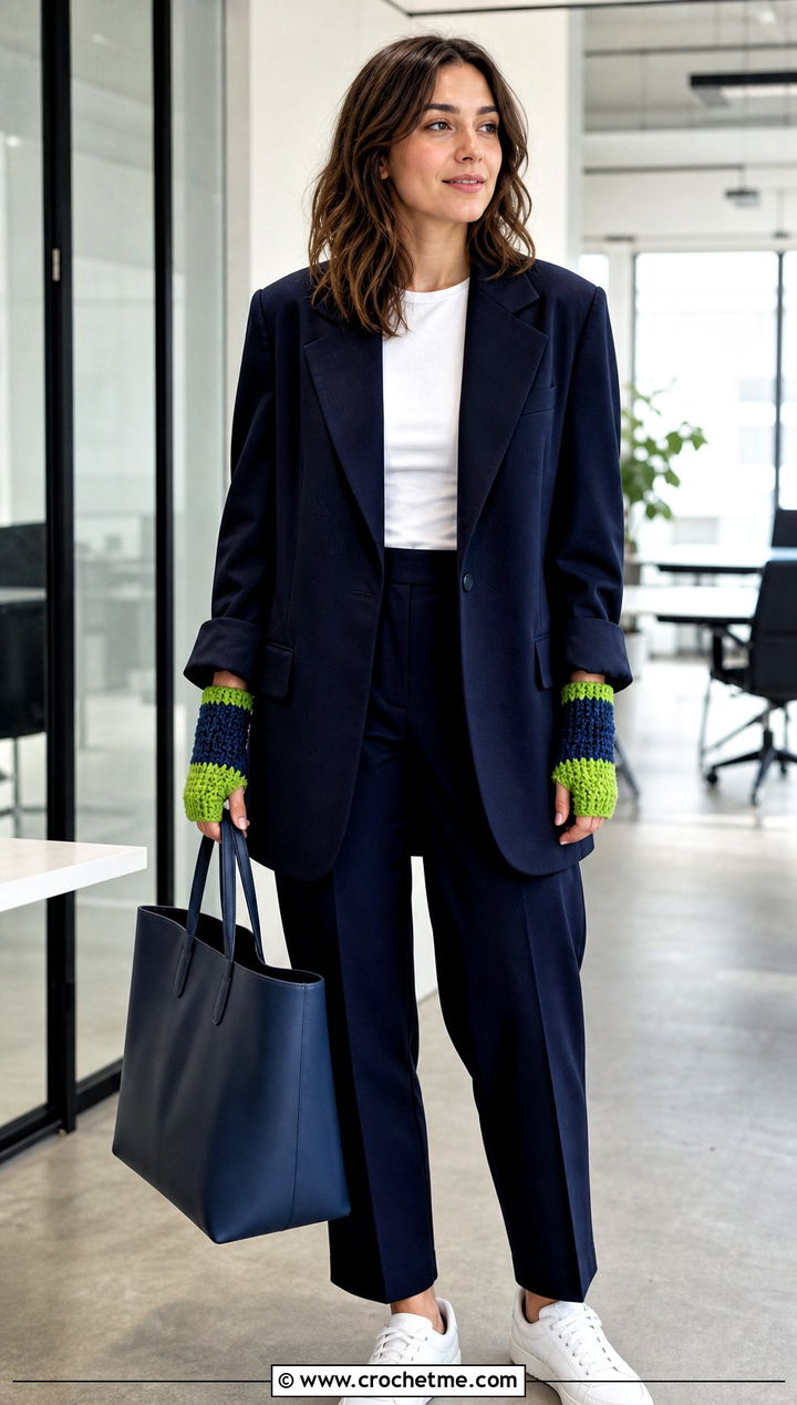 Color Block Crochet Fingerless Mitts With Blazer - 25 Crochet Fingerless Mitts outfit ideas