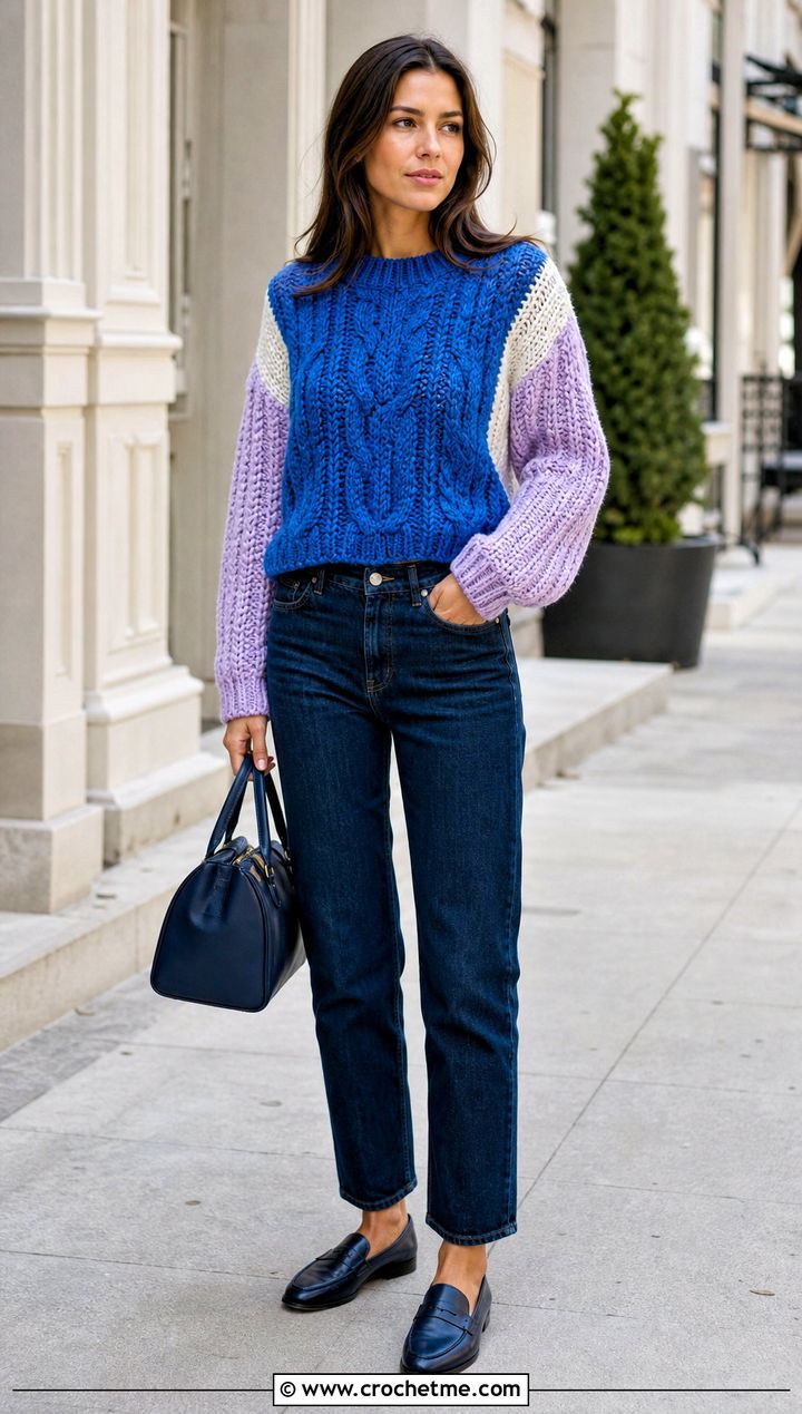 Color Block Crochet Fisherman Sweater With Dark Denim - 25 crochet fisherman sweater outfit ideas