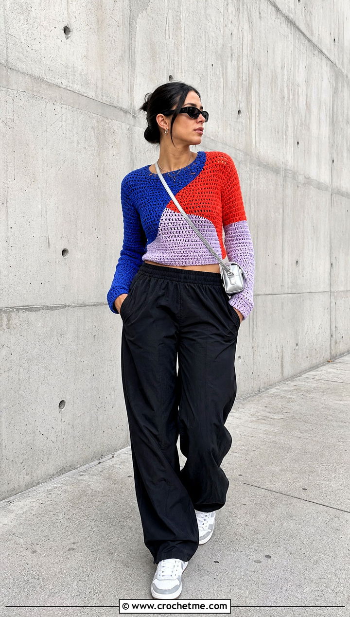Color Block Crochet Fitted Sweater With Parachute Pants - 30 crochet fitted sweater outfit ideas