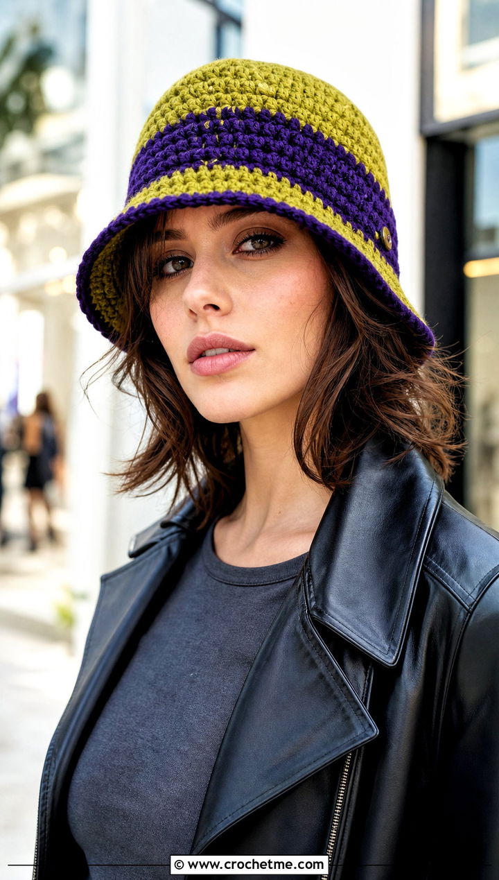 Color Block Crochet Flap Hat With Leather Jacket - 30 crochet flap hat outfit ideas