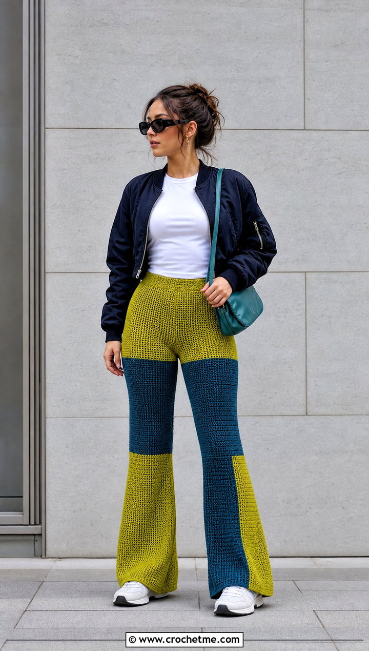 Color Block Crochet Flare Pants With Bomber Jacket - 25 crochet flair pants outfit ideas