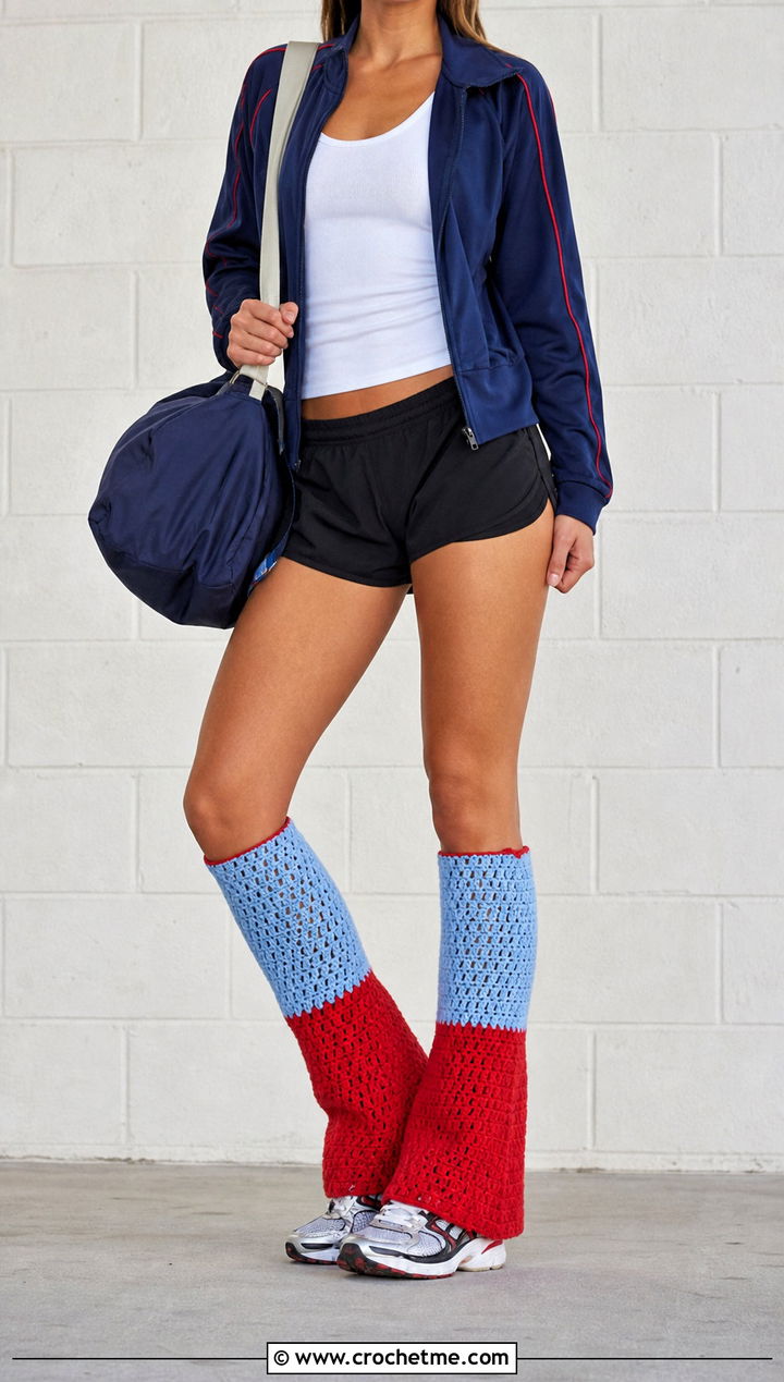 Color Block Crochet Flared Leg Warmers With Track Jacket - 30 Crochet Flared Leg Warmers outfit ideas