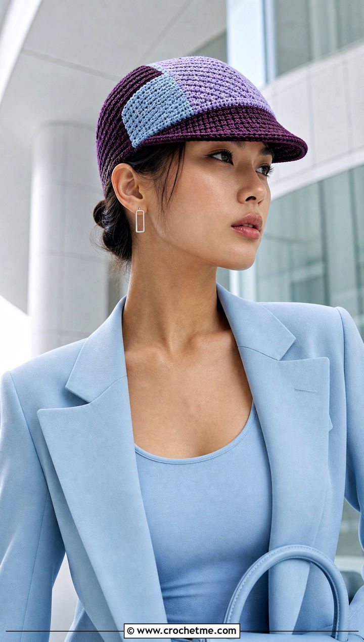 Color Block Crochet Flat Cap With Monochrome Suit - 25 crochet flat cap outfit ideas