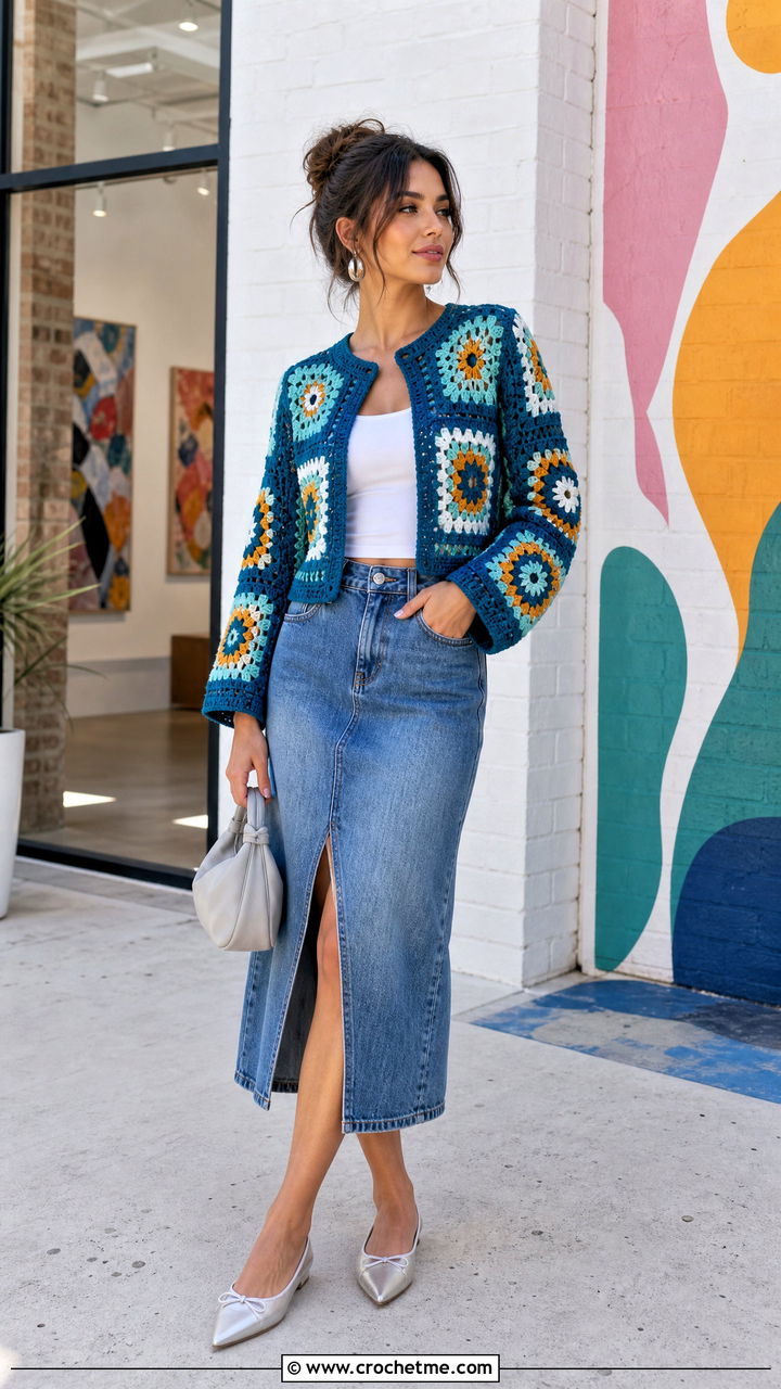 Color Block Crochet Folklore Cardigan With Denim Midi Skirt - 35 crochet folklore cardigan outfit ideas