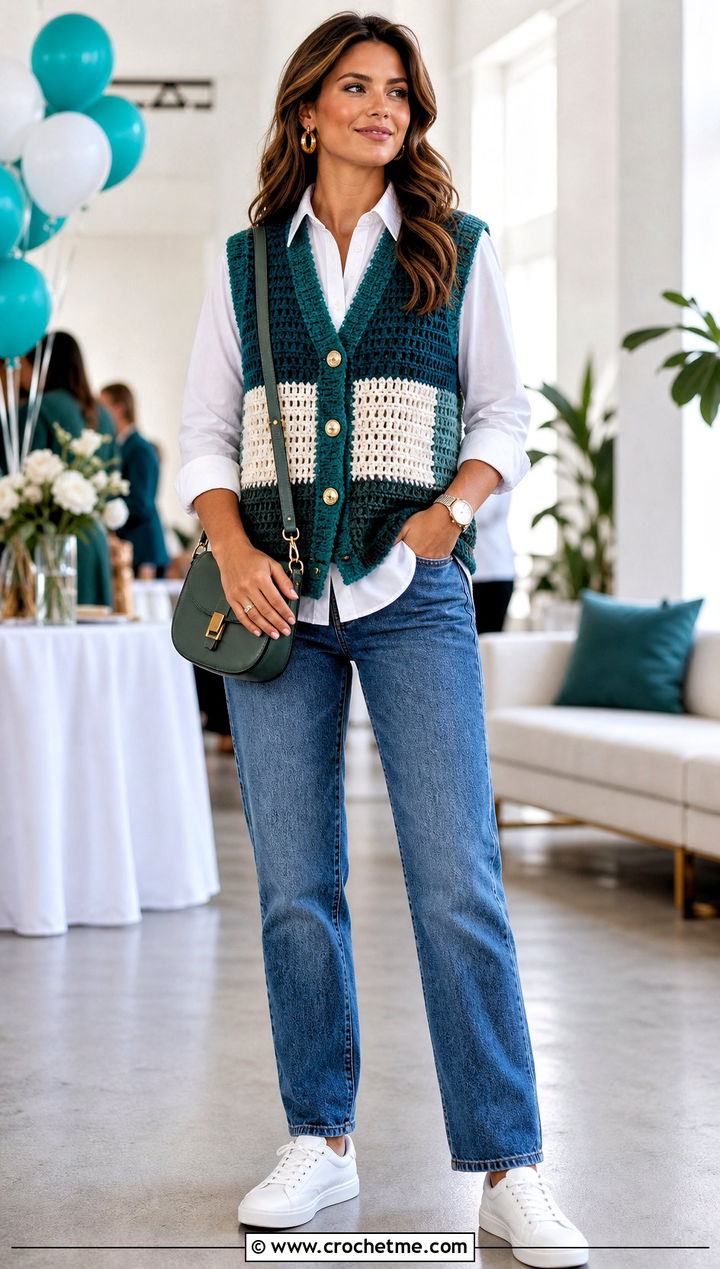 Color Block Crochet Game Day Vest With White Shirt - 25 Crochet Game Day Top outfit ideas