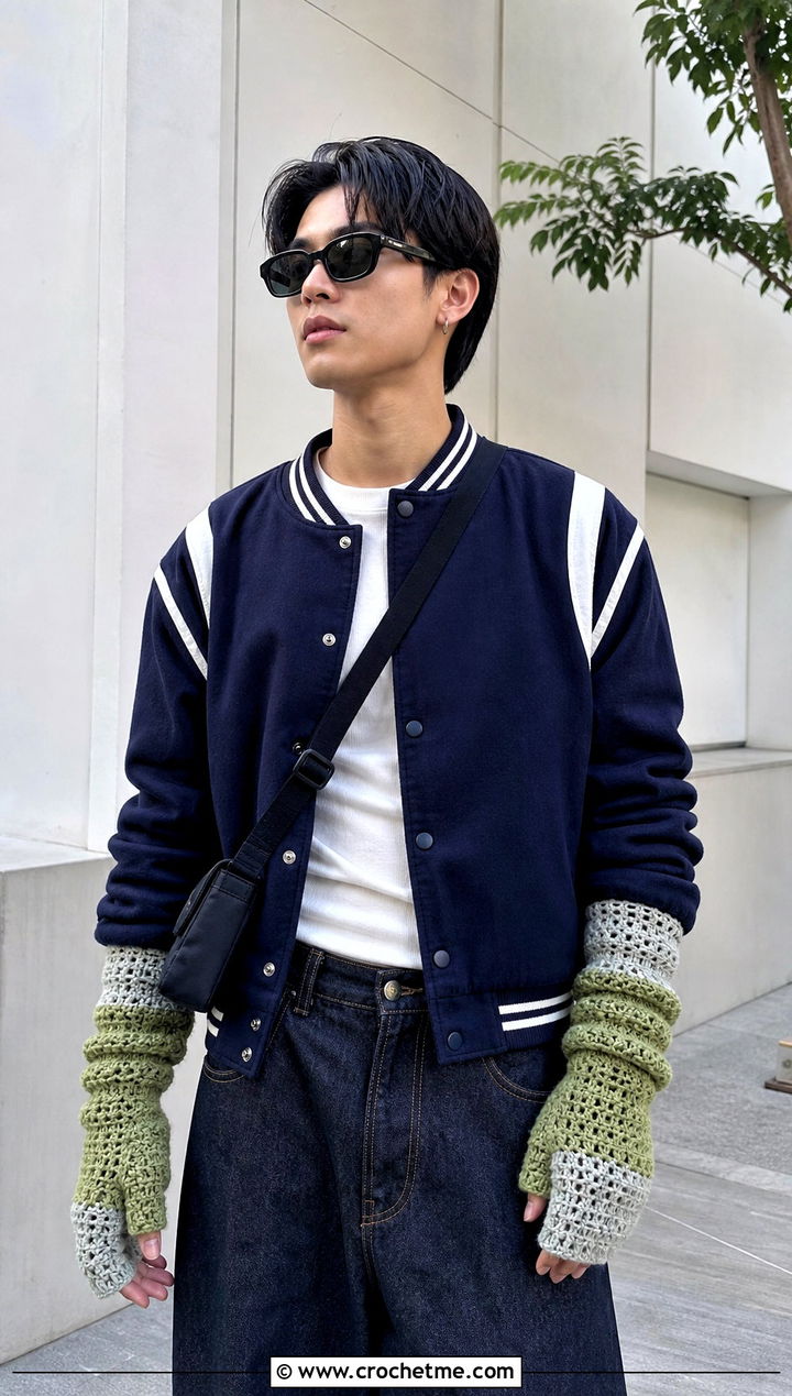 Color Block Crochet Gauntlet Gloves With Varsity Jacket - 25 men's crochet gloves outfit ideas