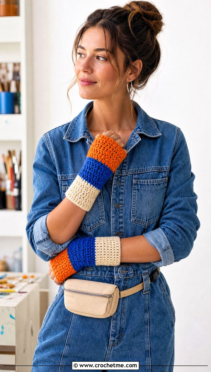 Color Block Crochet Gloves With Denim Jumpsuit - 30 aesthetic crochet gloves outfit ideas