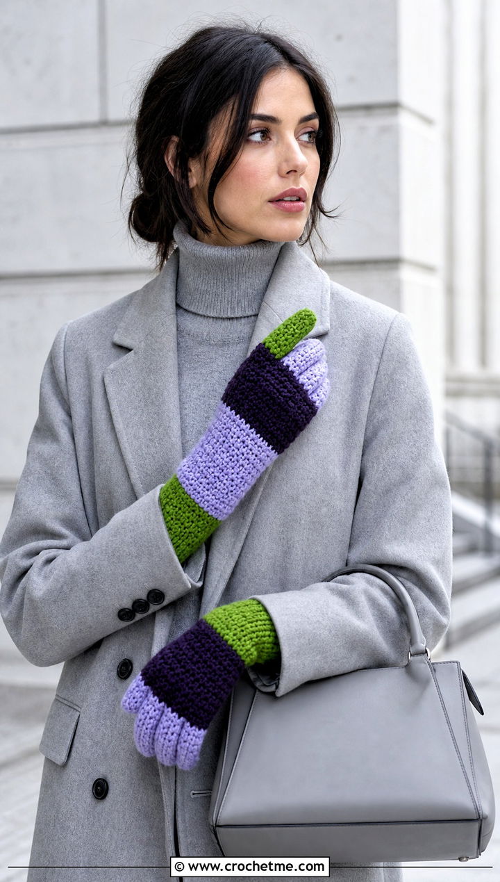Color Block Crochet Gloves With Monochrome Outfit - 25 crochet glove outfit ideas