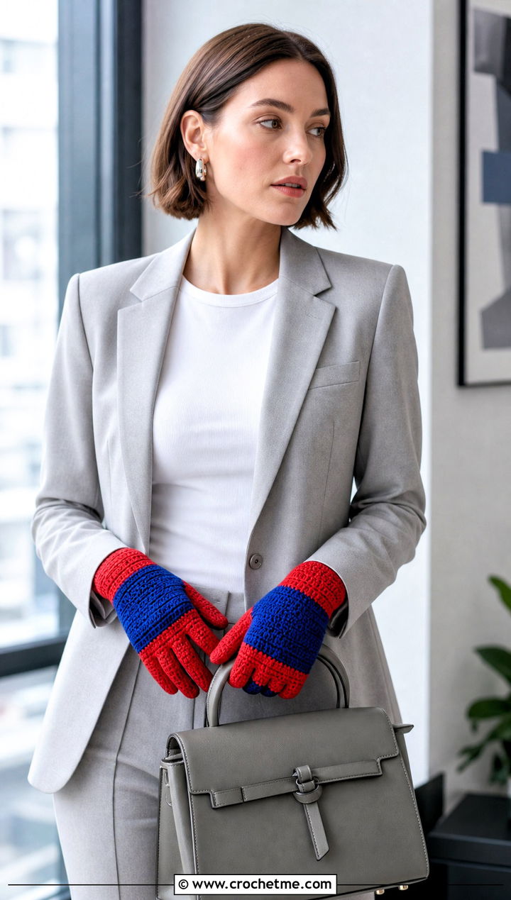 Color Block Crochet Gloves With Monochrome Suit - 35 crochet gloves fingers outfit ideas