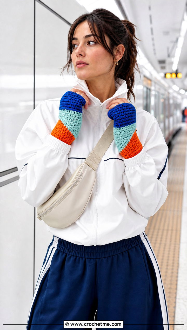 Color Block Crochet Gloves With Track Jacket - 25 crocheted gloves outfit ideas