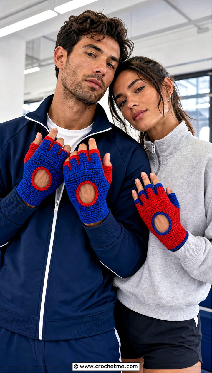 Color Block Crochet Gloves With Tracksuits - 25 Crochet Gloves For Couples outfit ideas