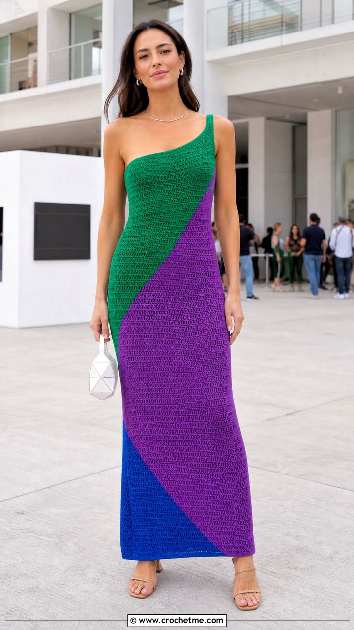 Color Block Crochet Gown With Neutral Sandals - 35 crochet gown for ladies outfit ideas