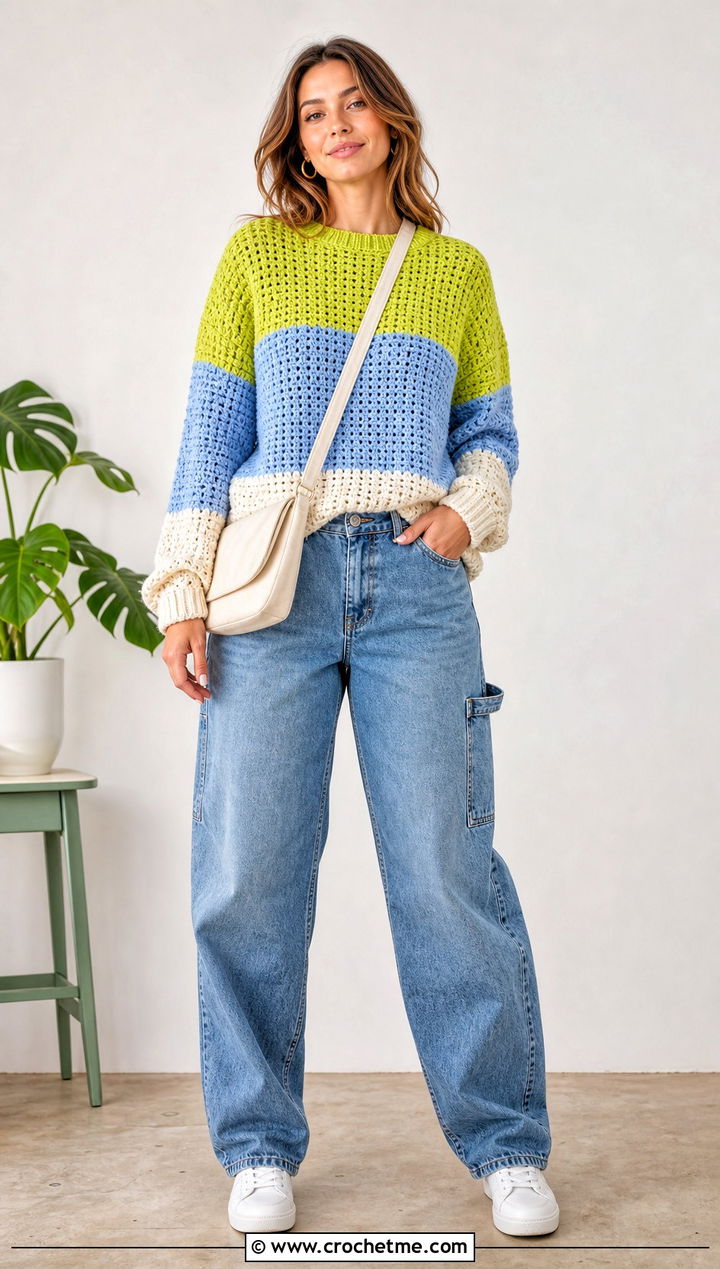 Color Block Crochet Grandpa Sweater With Carpenter Jeans - 25 Crochet Grandpa Sweater outfit ideas