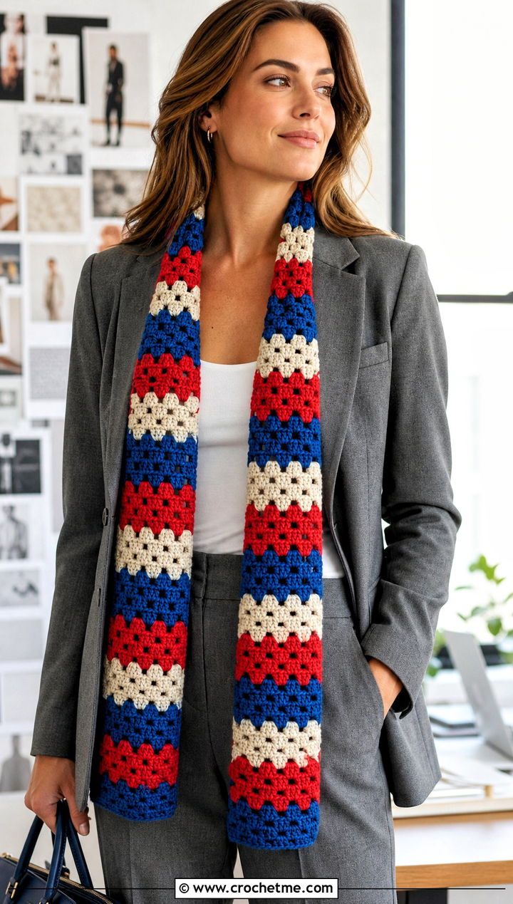 Color Block Crochet Granny Stitch Scarf With Suit - 30 crochet granny stitch scarf outfit ideas