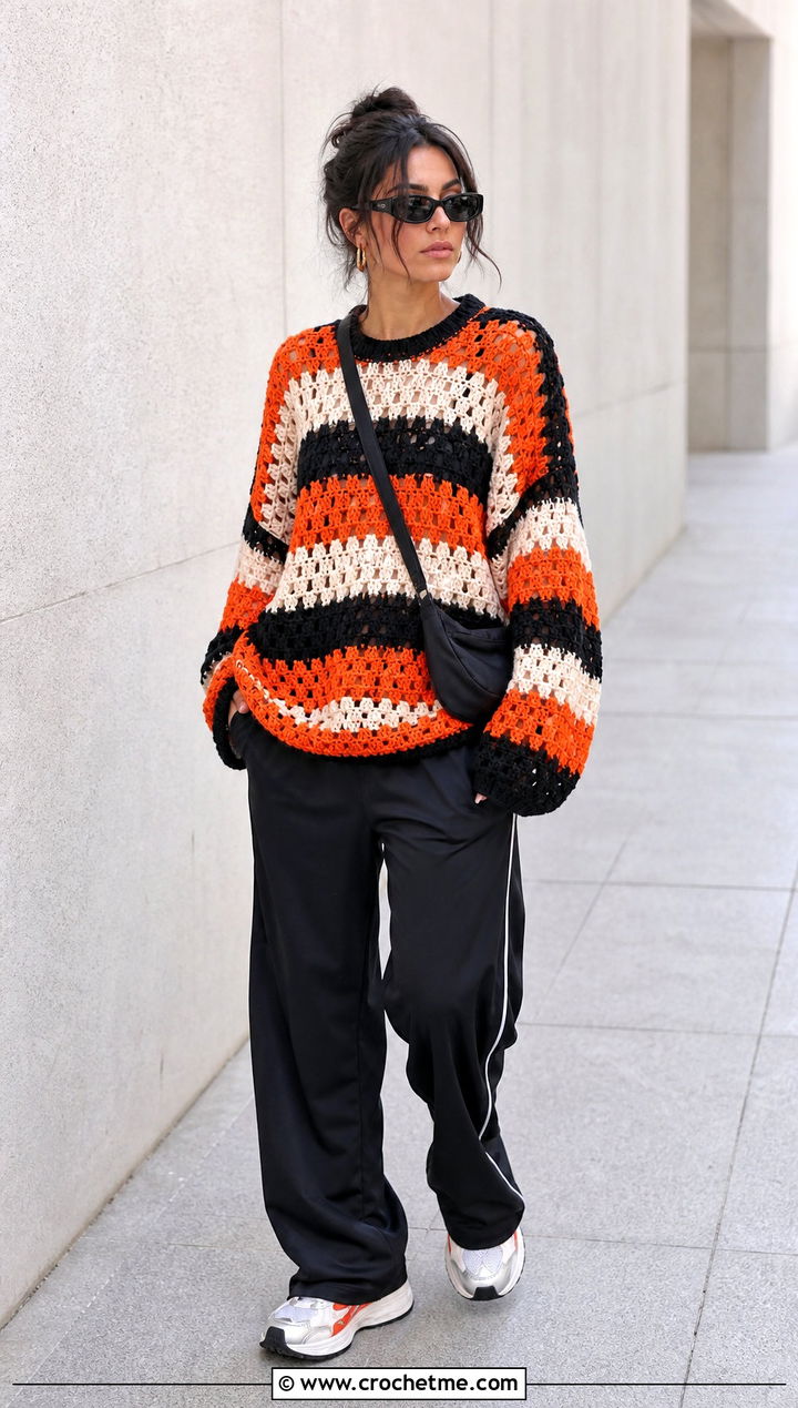 Color Block Crochet Grunge Sweater With Track Pants - 30 crochet grunge sweater outfit ideas