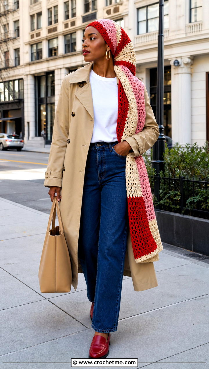 Color Block Crochet Hair Wrap With Trench Coat And Jeans - 35 crochet hair wrap outfit ideas