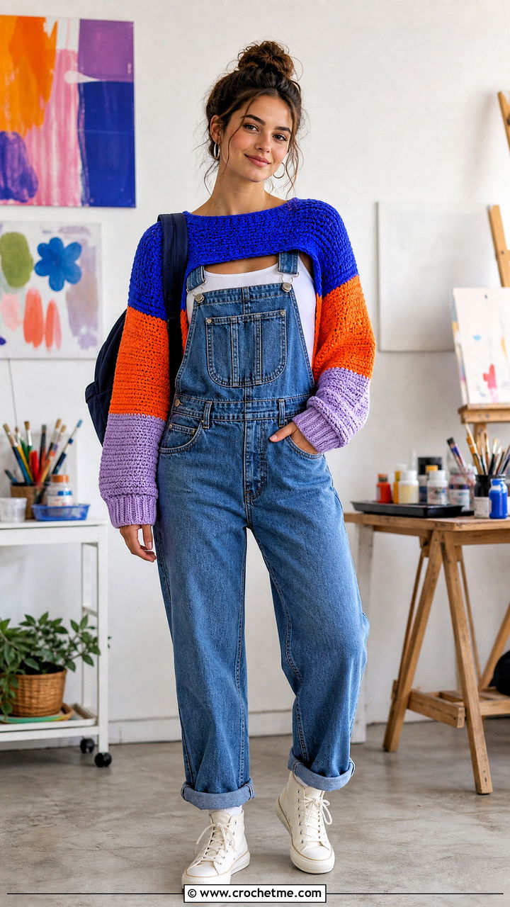 Color Block Crochet Half Sweater With Overalls - 35 crochet half sweater outfit ideas