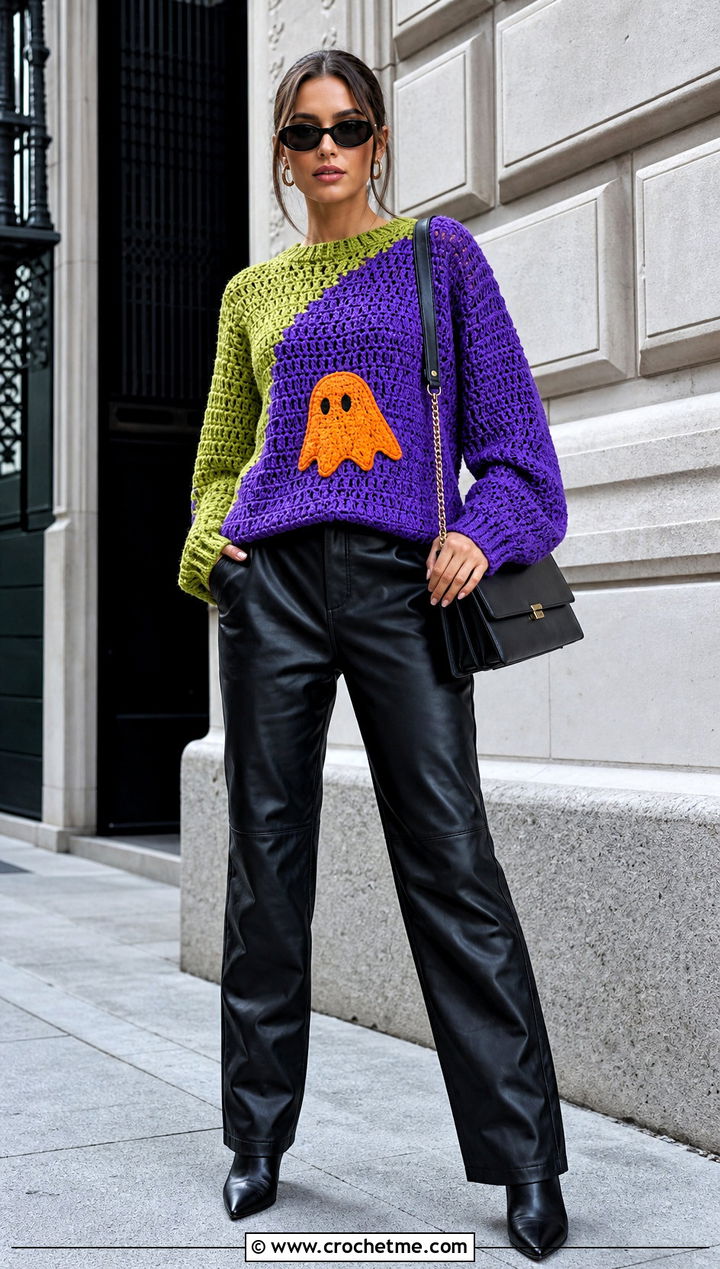 Color Block Crochet Halloween Sweater With Faux Leather Pants - 35 Crochet Halloween Sweater outfit ideas