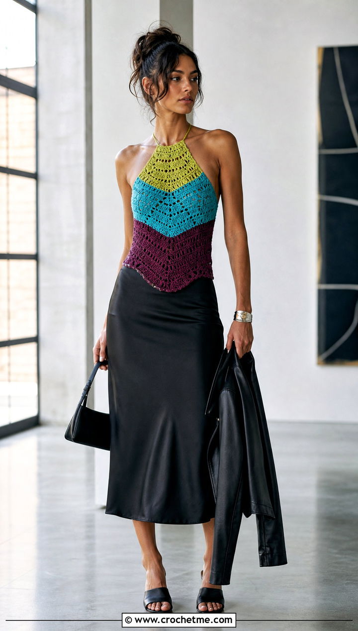 Color Block Crochet Halter Top With Black Midi Skirt - 30 crochet halter neck outfit ideas
