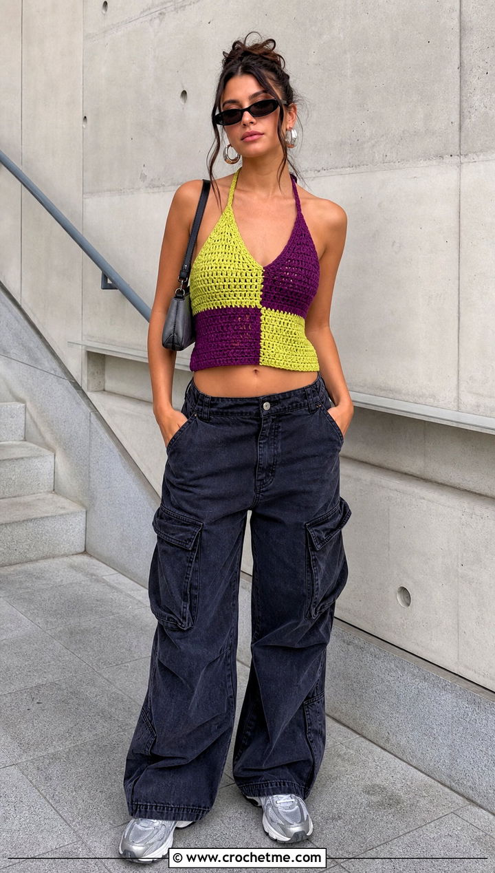 Color Block Crochet Halter Top With Cargo Pants - 30 2 Color Crochet Top outfit ideas