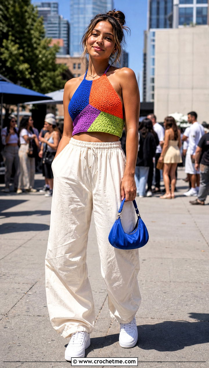 Color Block Crochet Halter Top With Parachute Pants - 35 crochet halter tops outfit ideas