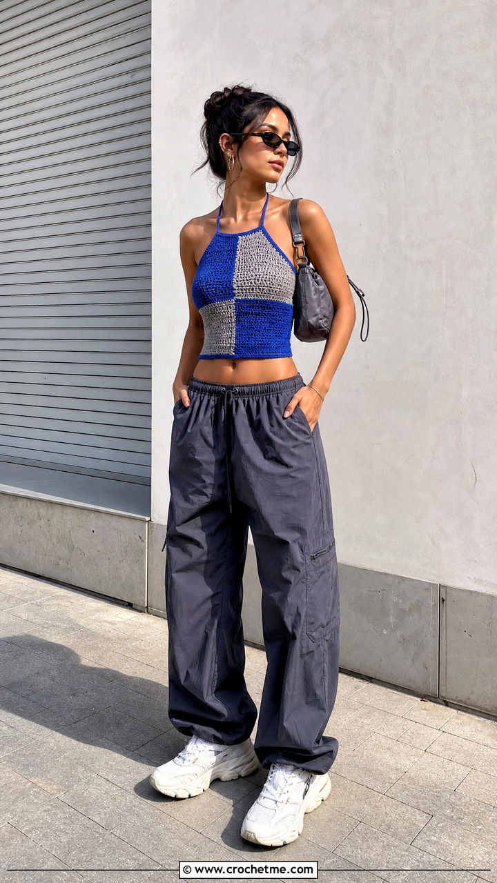 Color Block Crochet Halter Top With Parachute Pants - 35 crochet halter top outfit ideas