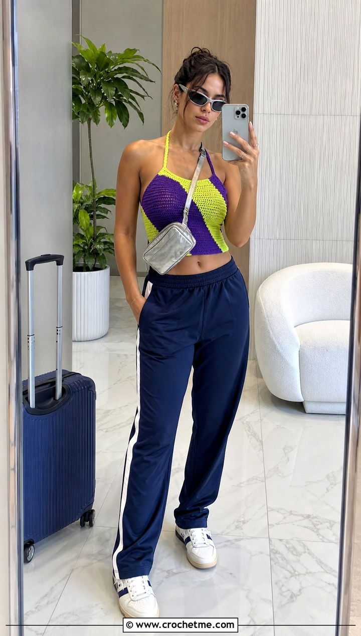 Color Block Crochet Halter Top With Track Pants - 15 Crochet Halter Top Outfit Inspiration outfit ideas