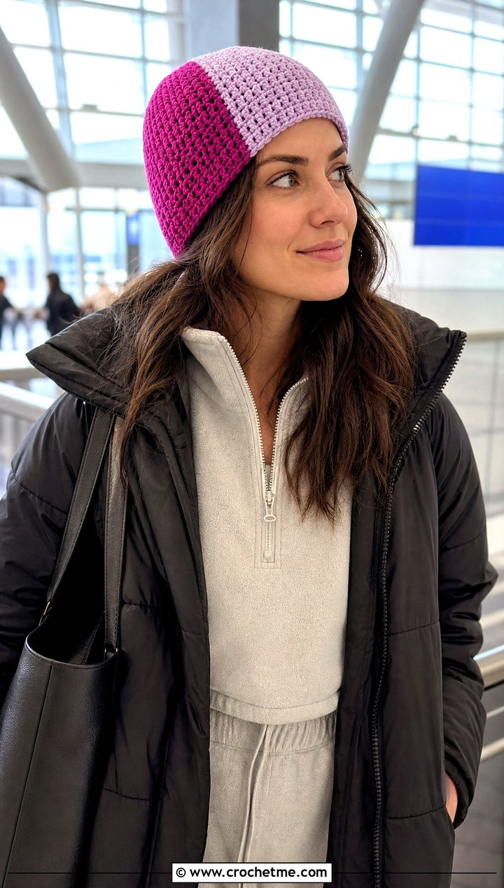 Color Block Crochet Hat With Matching Set - 30 winter crochet hats outfit ideas