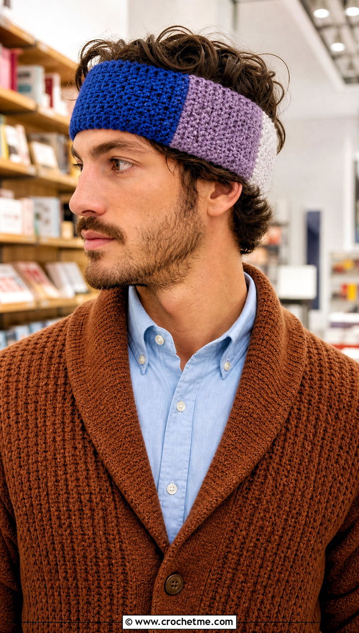 Color Block Crochet Headband With Cardigan And Corduroy Pants - 15 Crochet Headband For Men outfit ideas