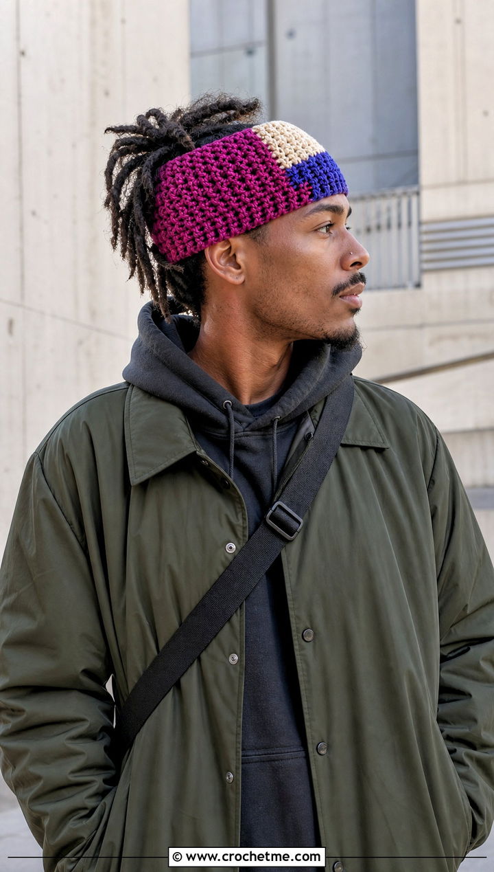 Color Block Crochet Headband With Hoodie And Cargo Pants - 25 men's crochet headband outfit ideas
