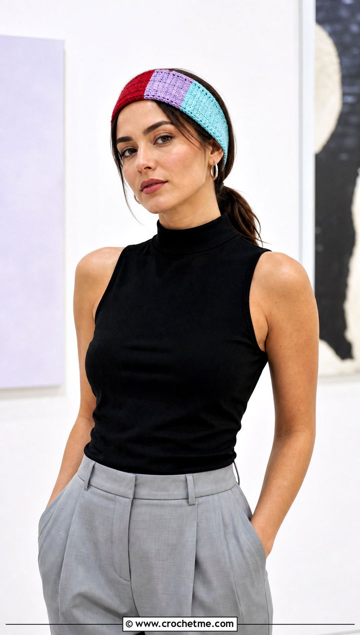 Color Block Crochet Headband With Minimal Outfit - 30 crochet headband for women outfit ideas