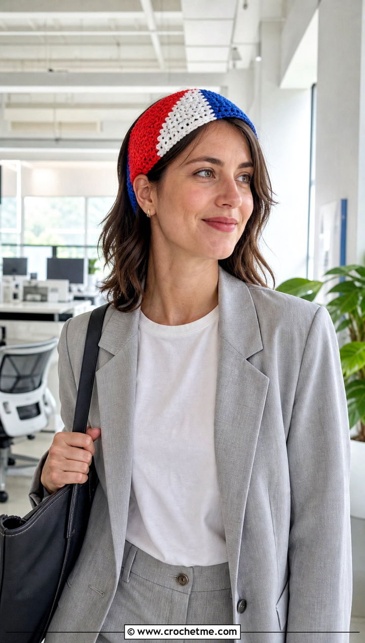 Color Block Crochet Headband With Minimalist Suit - 30 quick crochet headband outfit ideas