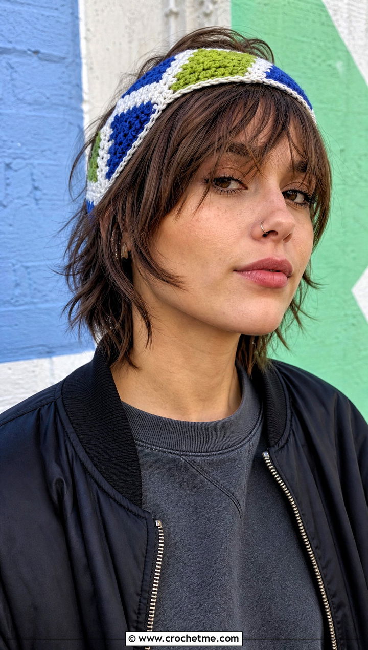Color Block Crochet Headband With Streetwear Outfit - 25 crochet headband for short hair outfit ideas