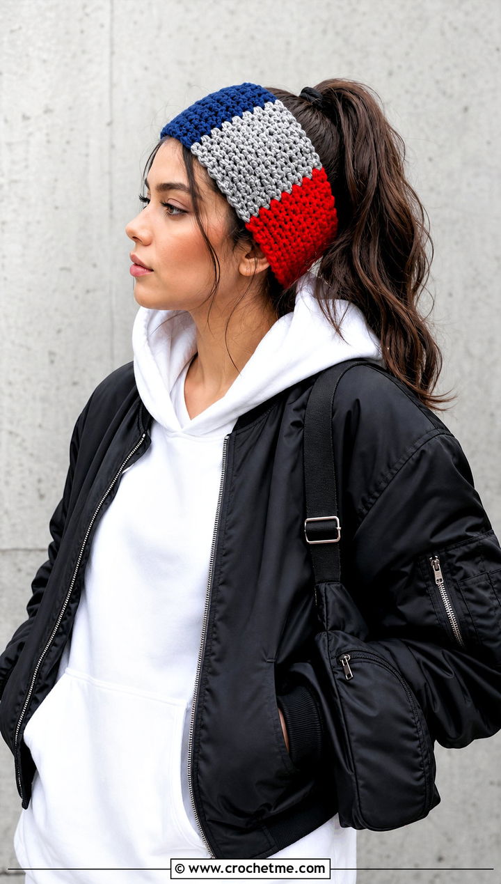 Color Block Crochet Headband With Streetwear - 25 Easy Crocheted Headbands Ear Warmers outfit ideas