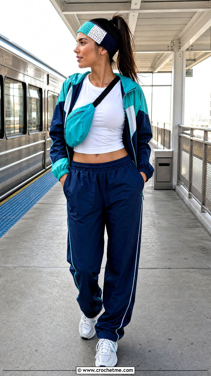 Color Block Crochet Headband With Track Pants - 35 crochet headbands outfit ideas