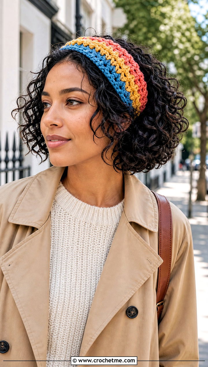 Color Block Crochet Headband With Trench Coat - 30 crochet headband curly hair outfit ideas