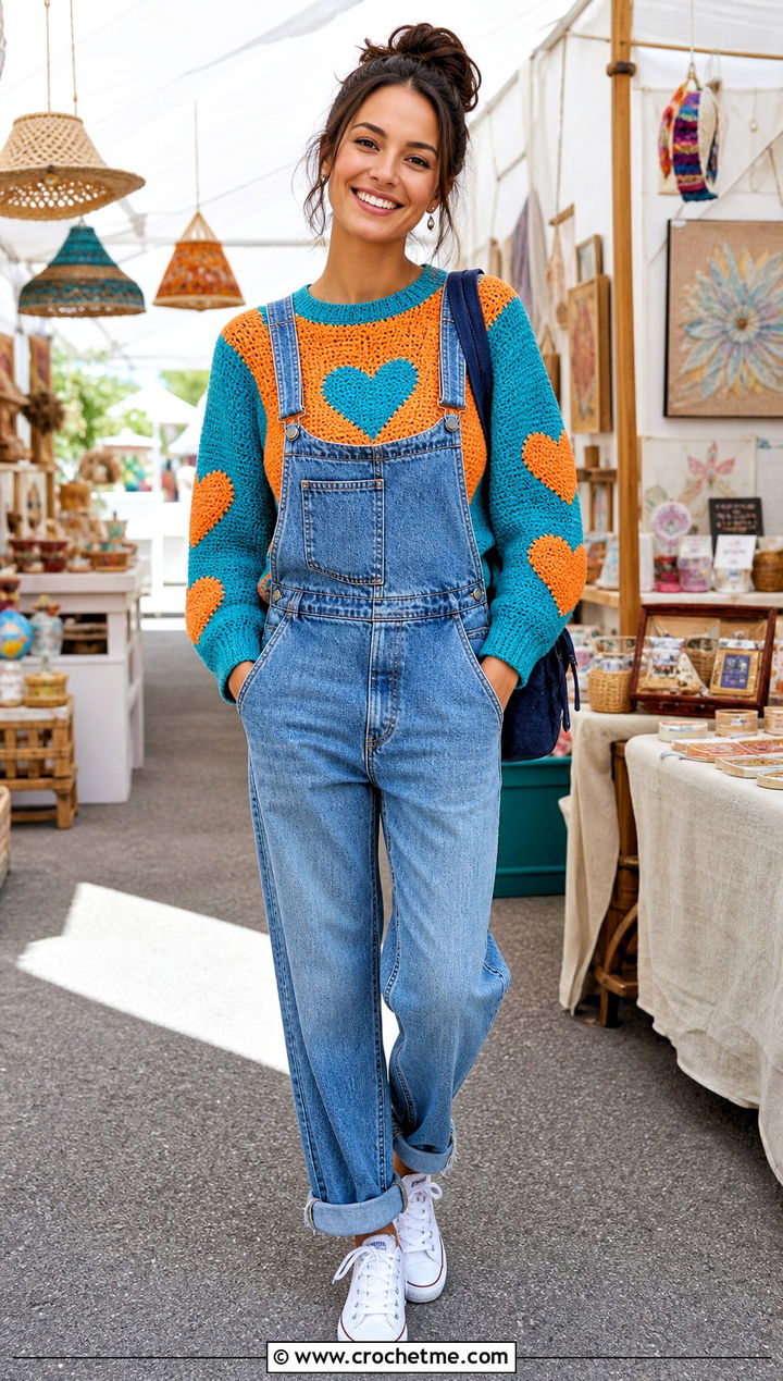 Color Block Crochet Heart Sweater With Denim Overalls - 35 crochet heart sweater outfit ideas