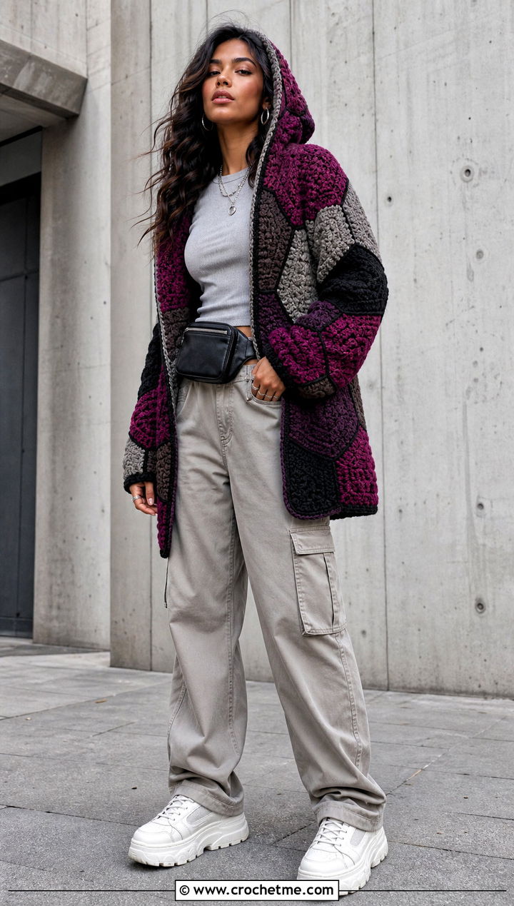Color Block Crochet Hexagon Cardigan With Hood And Cargo Pants - 25 Crochet Hexagon Cardigan With Hood outfit ideas