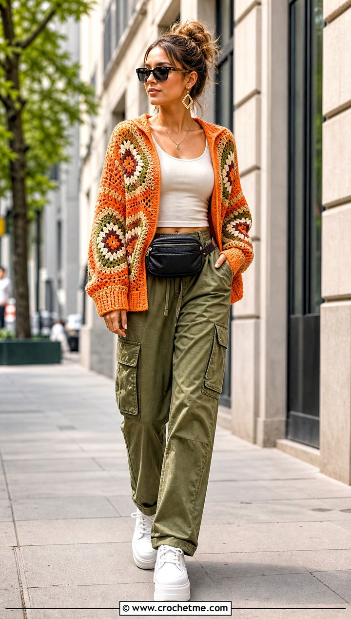 Color Block Crochet Hexagon Hoodie With Cargo Pants - 30 crochet hexagon hoodie outfit ideas