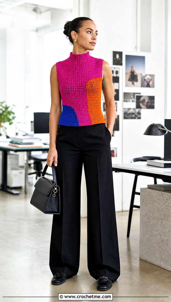 Color Block Crochet High Neck Top With Black Trousers - 35 crochet high neck top outfit ideas